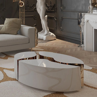 Luxury Oval Coffee Table with Sculptural Brass Accents & High Gloss Finish