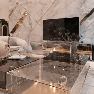 Luxury Coffee Table Set with Marble, Glass & Sculptural Gold Brass Design
