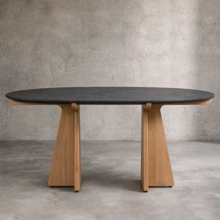 Pinna Oval Marble Dining Table with Wood Base, 75"–90"