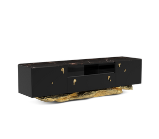 Luxury Black Gold Media Console with Marble Top & Hidden Storage