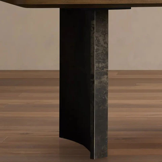 Polanco Wood Dining Table (Oxidized Steel Base): Modern Industrial Dining Room Table