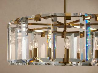 Modern Faceted Crystal Round Chandelier with Brass or Bronze Finish