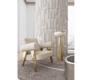 Luxury Sculptural Armchair with Polished Hammered Brass Legs & Curved Upholstery Design