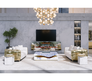 Luxury Carrara Marble Coffee Table with Sculptural Brass Frame & Organic Design