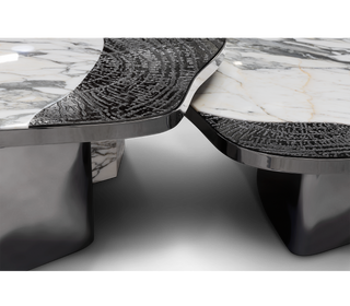 Luxury Calacatta Marble Coffee Table with Black Sculptural Base & Modern Design