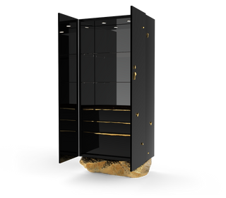 Luxury Marble Curio Cabinet with Brass Base, Glass Display Shelves & Hidden Storage