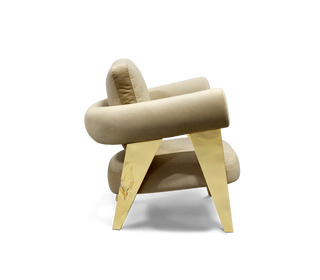 Luxury Sculptural Armchair with Polished Hammered Brass Legs & Curved Upholstery Design