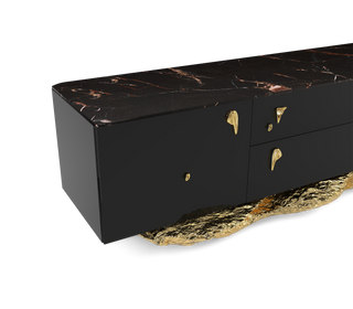 Luxury Black Gold Media Console with Marble Top & Hidden Storage