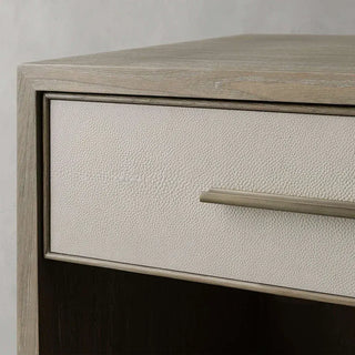 Artisan Wood Nightstand Shagreen Leather Accent – Modern Bedroom Storage Table