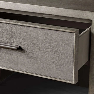 Artisan Wood Nightstand Shagreen Leather Accent – Modern Bedroom Storage Table