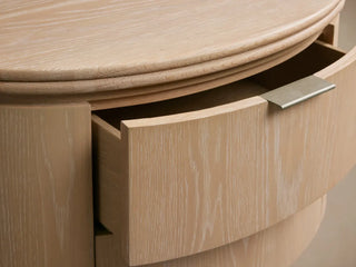 Caden Wood Oval Nightstand 2-Drawer Soft-Close Glides Pewter Hardware