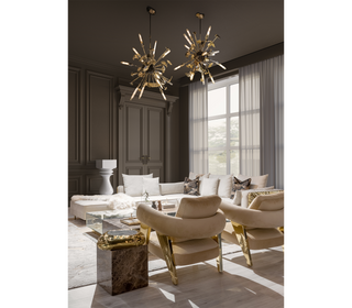 Luxury Sculptural Armchair with Polished Hammered Brass Legs & Curved Upholstery Design