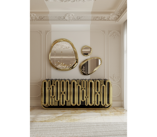 Luxury Gold Sideboard Buffet Cabinet with Sculptural Metal Design & Hidden Storage
