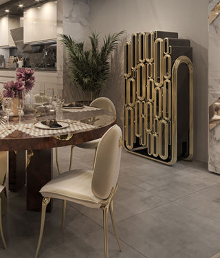 Luxury Bar Cabinet with Brass Tube Design, Glass Shelves & Hidden Storage