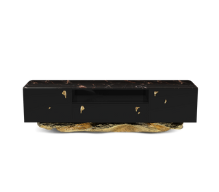 Luxury Black Gold Media Console with Marble Top & Hidden Storage