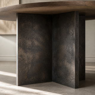 Polanco Round Dining Table (Wood Top, Oxidized Steel Base)