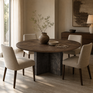 Polanco Round Dining Table (Wood Top, Oxidized Steel Base)