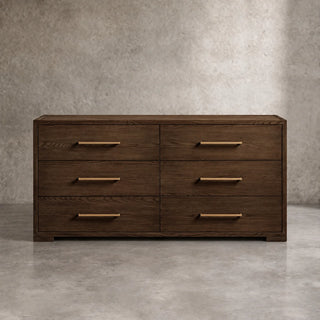 Darwyn Six-Drawer Solid Oak Dresser with Brass Hardware