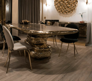 Stonehenge Brass & Marble Top Dining Table – Sculptural Pedestal