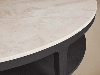 Danny Round Marble Top Coffee Table Oak Wood Base Cocktail Table Living Room Center Tea Table