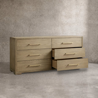 Darwyn Six-Drawer Solid Oak Dresser with Brass Hardware