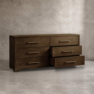 Darwyn Six-Drawer Solid Oak Dresser with Brass Hardware