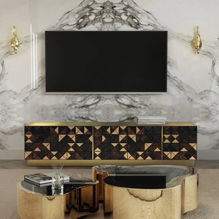 Luxury Walnut Media Console with Pixel-Inspired Design & Hidden Storage