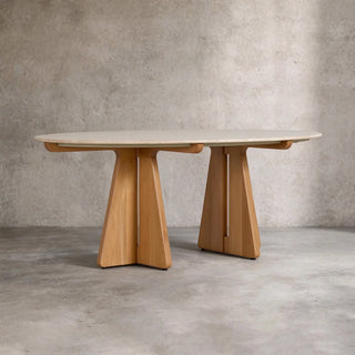 Pinna Oval Marble Dining Table with Wood Base, 75"–90"