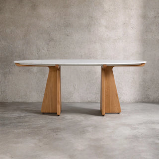 Pinna Oval Marble Dining Table with Wood Base, 75"–90"