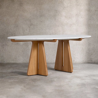 Pinna Oval Marble Dining Table with Wood Base, 75"–90"