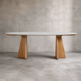 Pinna Oval Marble Dining Table with Wood Base, 75"–90"