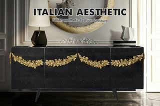 Luxury Black Sideboard Buffet Cabinet with Floral Carved Details & Storage