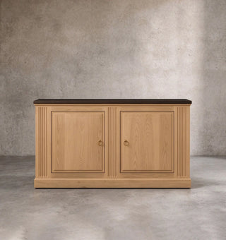 Vintage Oak Sideboard, 59.5" Granite Top with Brass Pulls