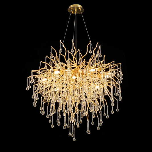 24 Inch Round Chandelier Gold Tree Branch Chandelier Clear Glass Drop Chandelier